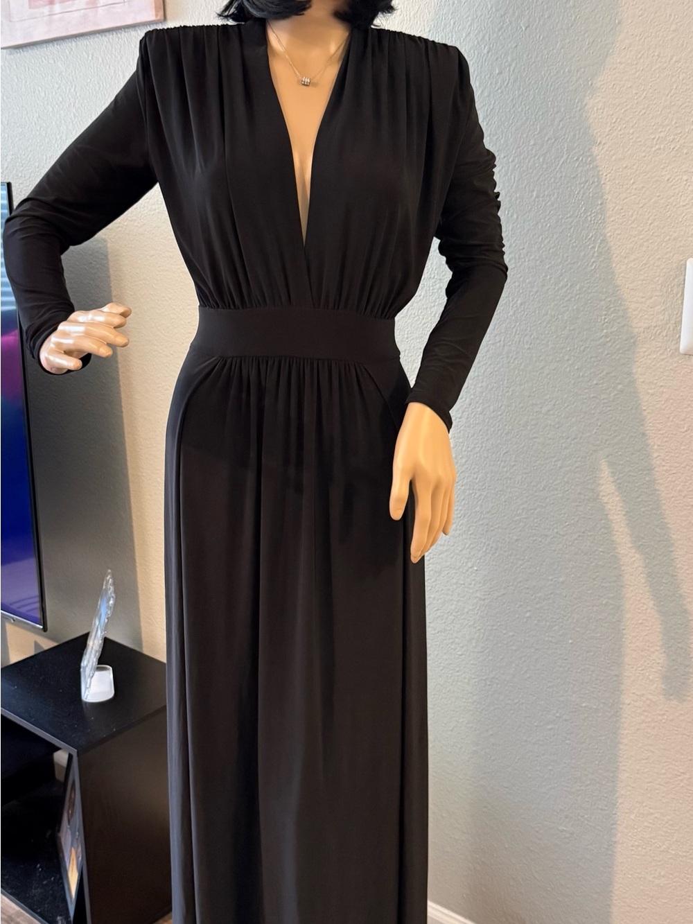 Fashion Nova Black Long Sleeve Deep V Maxi Dress